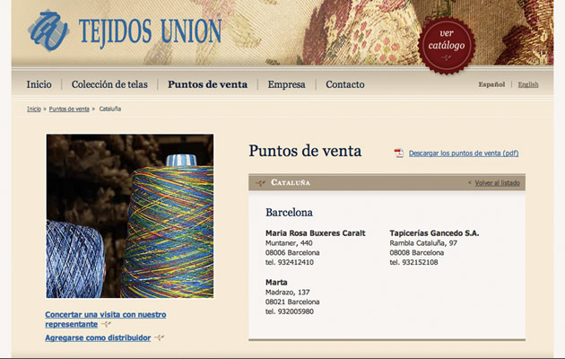 Pagina met verkooppunten op de Tejidos Unión website