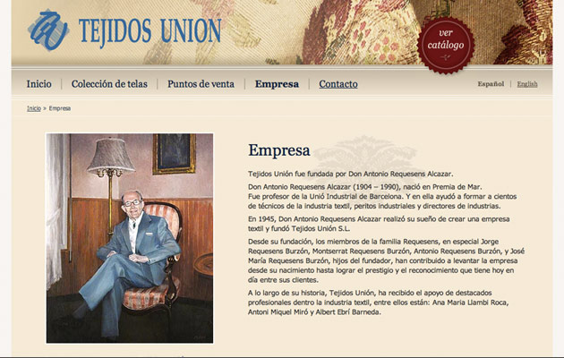 Página de texto en el sitio web de Tejidos Unión